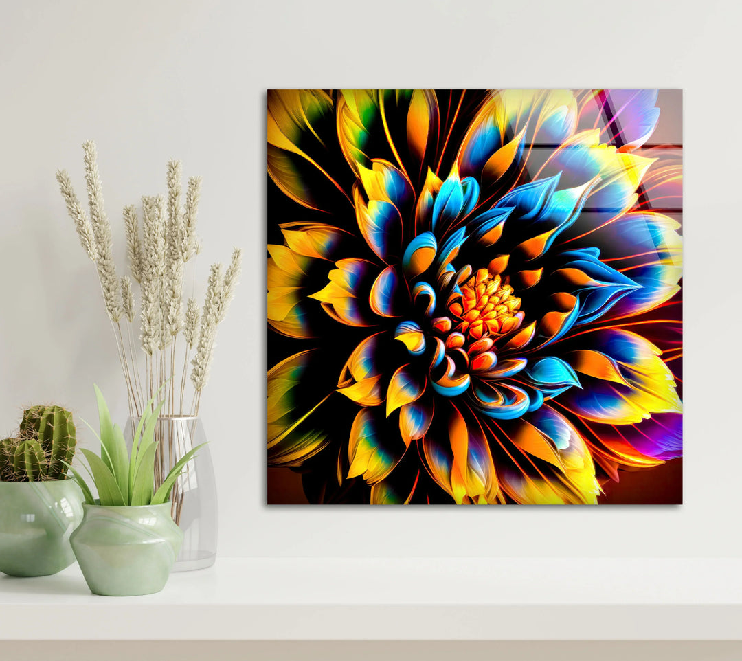 Vibrant Rainbow Flower Wall Art – Color Explosion Glass Print with Glowing Petals for Artistic Modern Interiors - MyPhotoStation