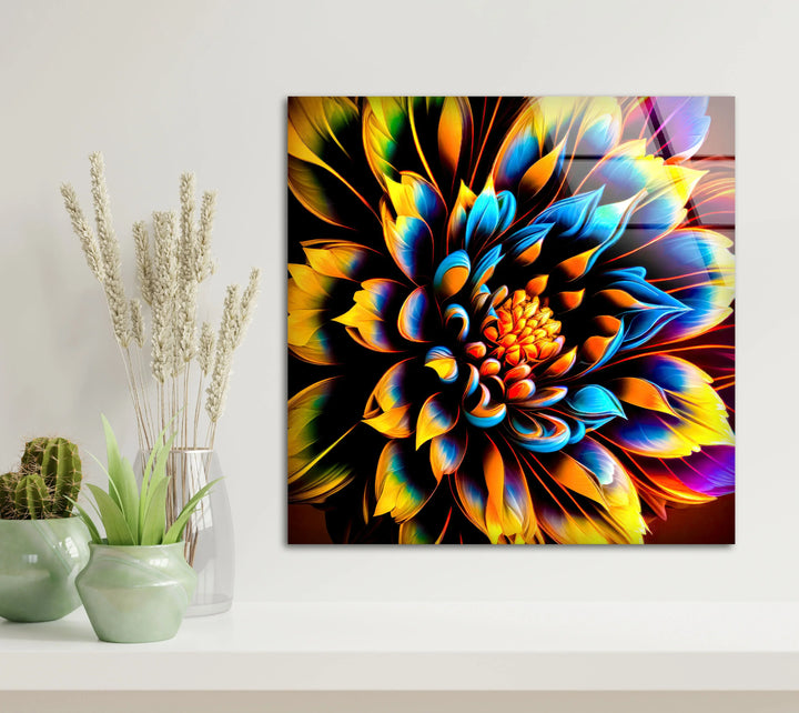 Vibrant Rainbow Flower Wall Art – Color Explosion Glass Print with Glowing Petals for Artistic Modern Interiors - MyPhotoStation