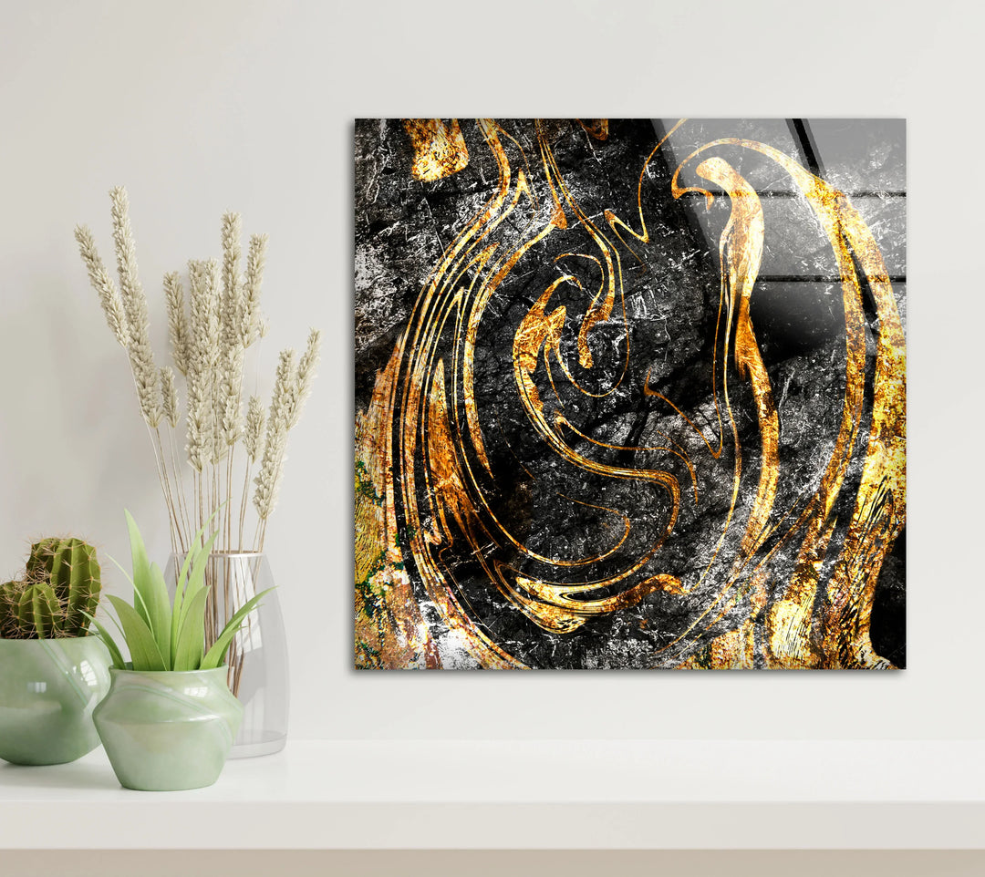 Black and Gold Abstract Wall Art – Textured Glass Print with Swirling Metallic Design for Luxe Industrial or Modern Interiors - MyPhotoStation