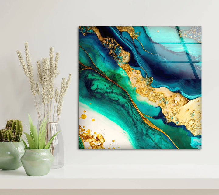 Teal and Gold Abstract Wall Art – Luxurious Glass Print with Ocean-Inspired Marble Texture for Elegant Modern Interiors - MyPhotoStation