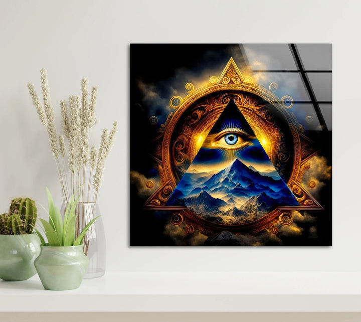 Eye of Providence Wall Art – Mystical Glass Print with Golden Pyramid and Mountain Scene for Spiritual and Esoteric Decor - MyPhotoStation