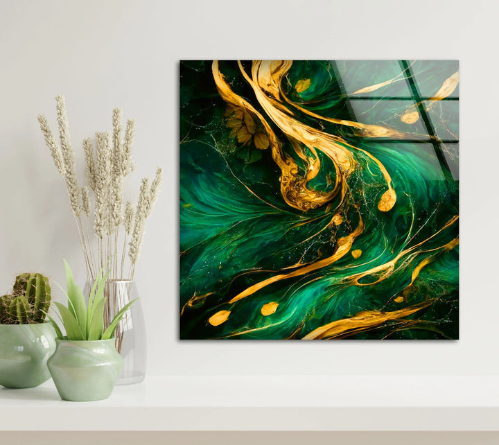 Emerald Gold Abstract Wall Art – Luxurious Glass Print with Flowing Metallic Accents for Elegant and Modern Interiors - MyPhotoStation
