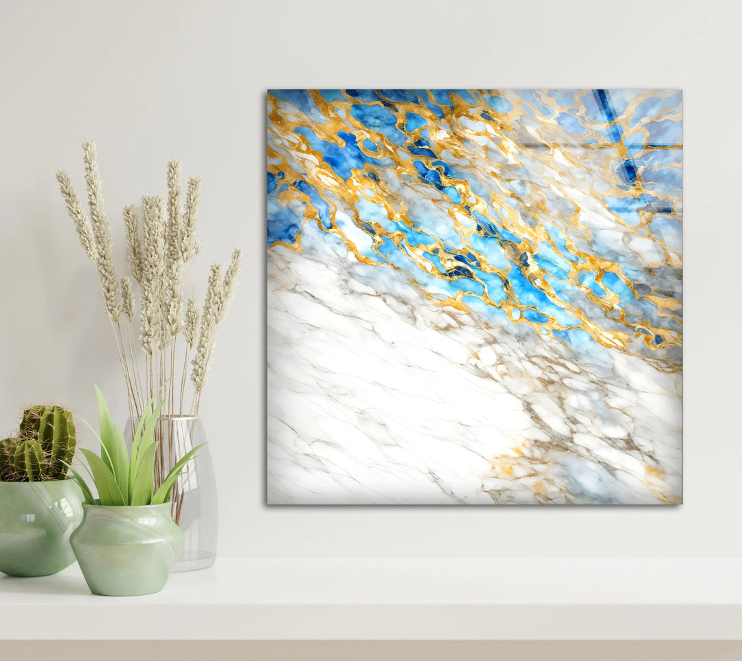 White Marble and Gold Wall Art – Elegant Glass Print with Blue Accents for Modern Luxe Interiors - MyPhotoStation