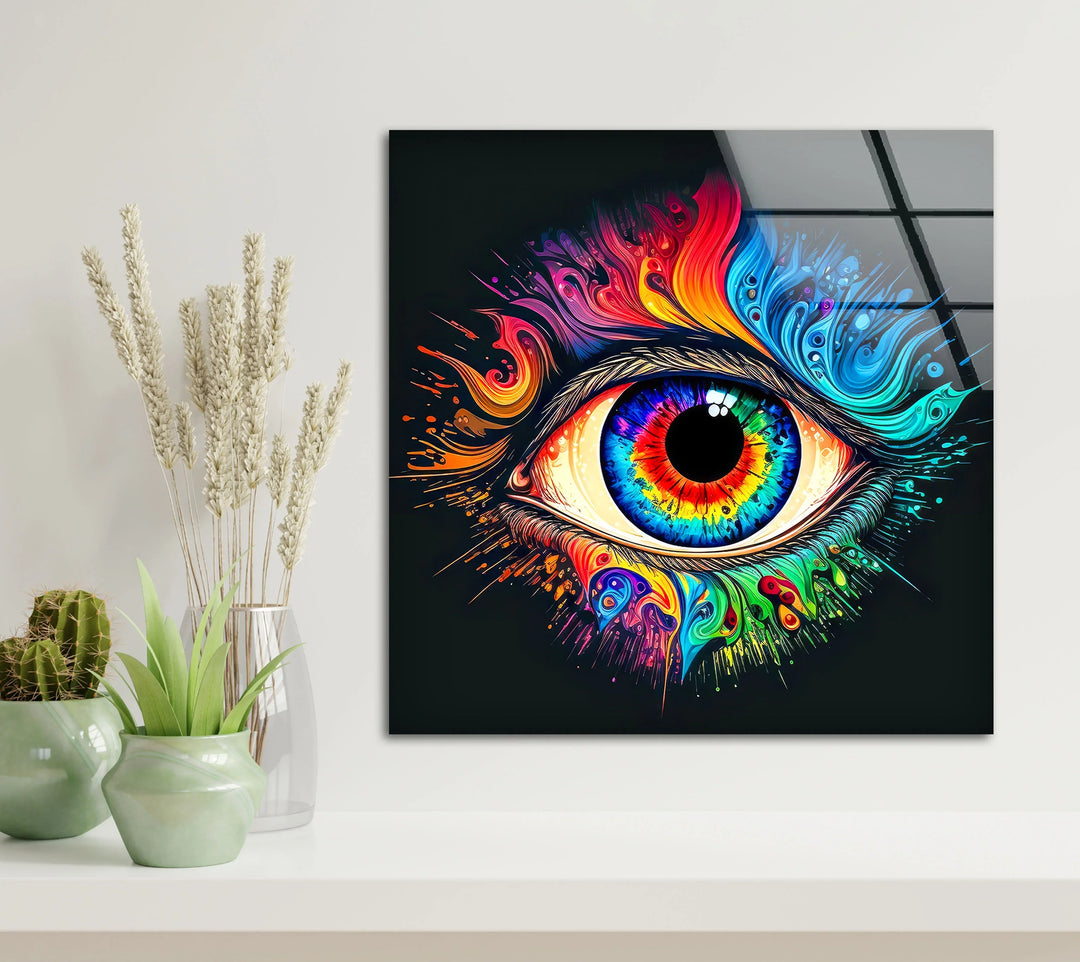 Psychedelic Eye Wall Art – Vivid Rainbow Glass Print with Color Explosion on Black for Visionary and Modern Interiors - MyPhotoStation