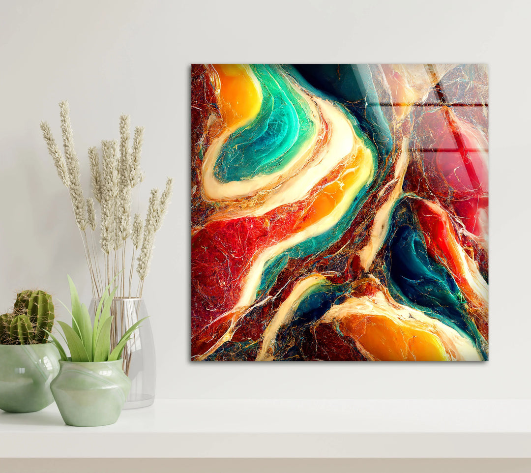 Colorful Marble Abstract Wall Art – Flowing Glass Print with Teal, Orange, and Red Texture for Luxe Modern Interiors - MyPhotoStation