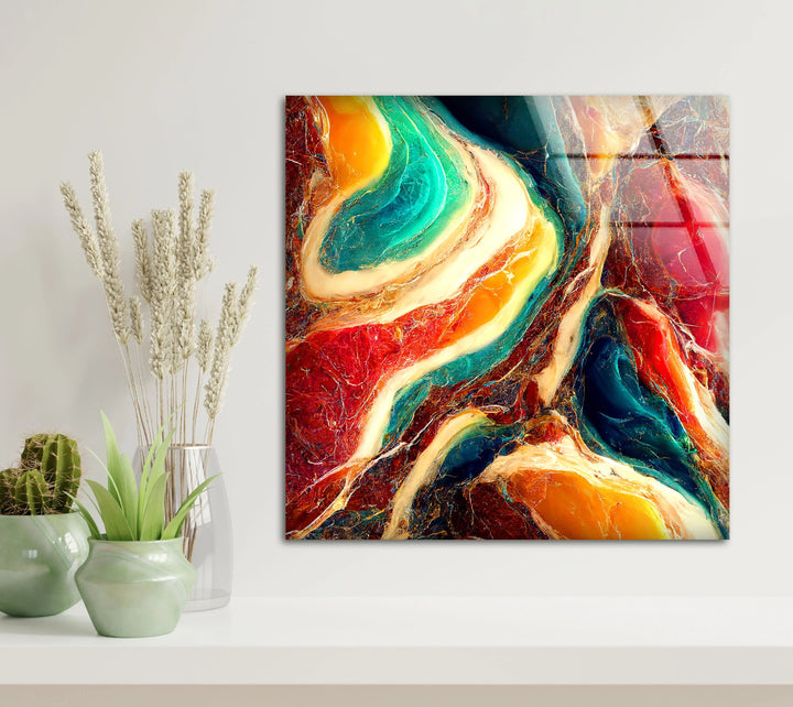 Colorful Marble Abstract Wall Art – Flowing Glass Print with Teal, Orange, and Red Texture for Luxe Modern Interiors - MyPhotoStation