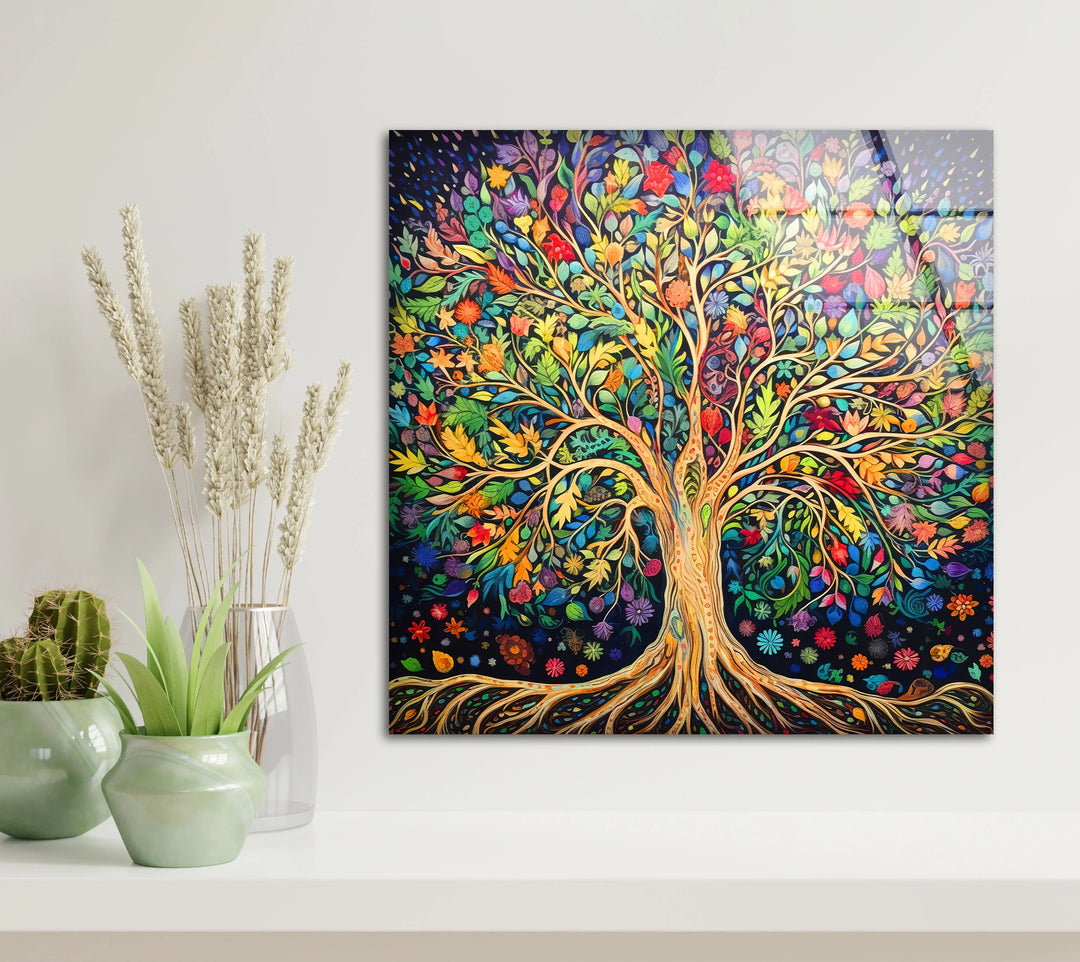 Colorful Tree of Life Wall Art – Multicolor Glass Print with Leaves and Roots for Boho, Nature-Inspired, and Spiritual Interiors - MyPhotoStation