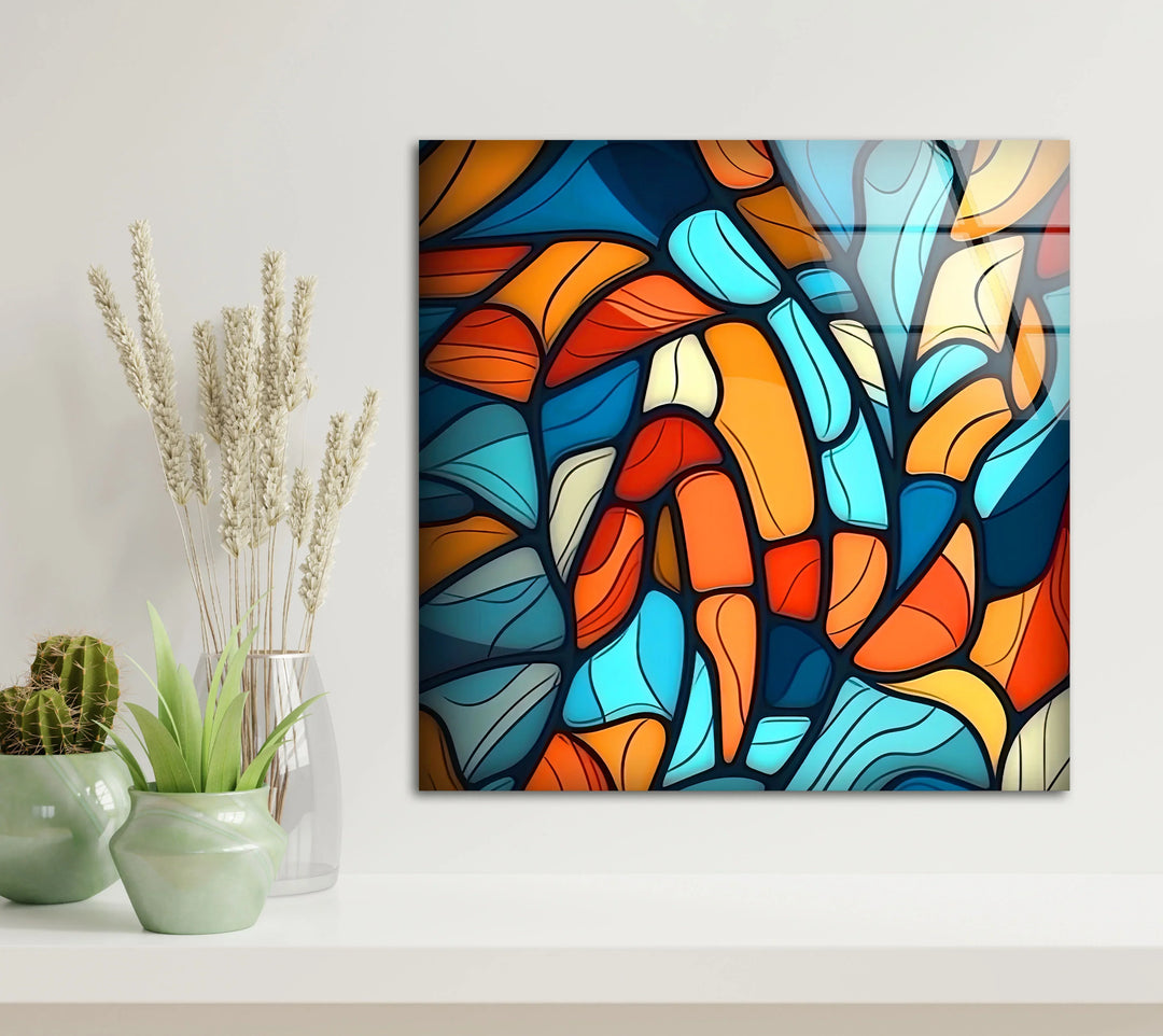 Abstract Mosaic Wall Art – Colorful Glass Print with Blue, Orange, and Red Geometric Design for Modern Artistic Interiors - MyPhotoStation
