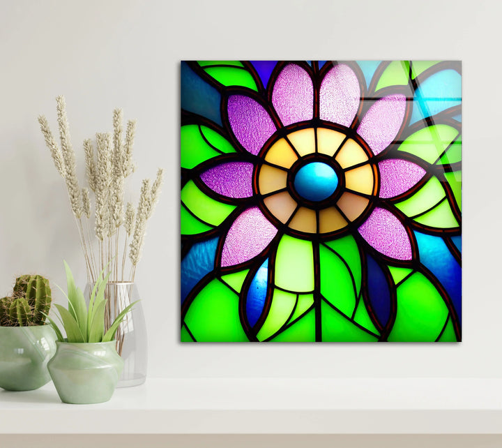 Stained Glass Flower Wall Art – Vibrant Purple and Green Glass Print for Colorful Botanical and Modern Interiors - MyPhotoStation