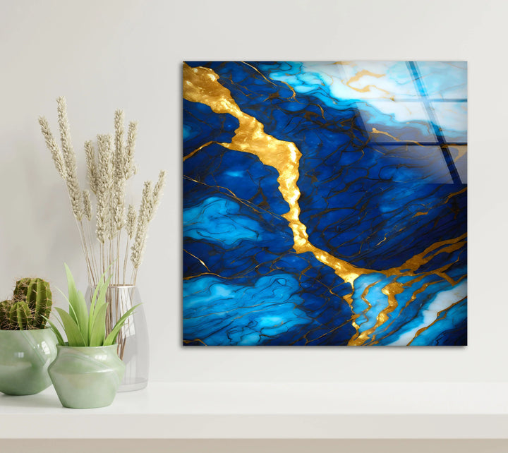 Blue and Gold Marble Wall Art – Elegant Glass Print with Rich Veins and Deep Texture for Modern Luxury Interiors - MyPhotoStation