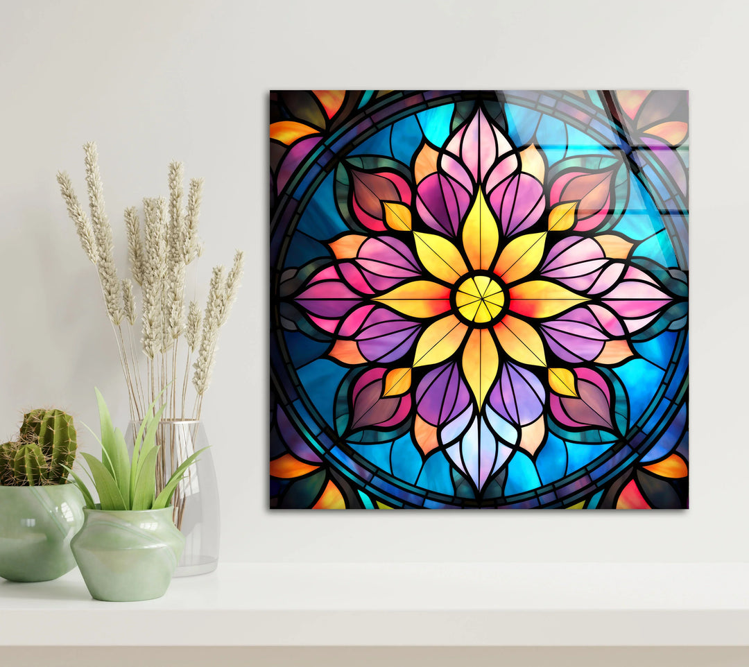 Radiant Mandala Flower Wall Art – Multicolor Glass Print with Stained Glass Design for Spiritual and Artistic Interiors - MyPhotoStation