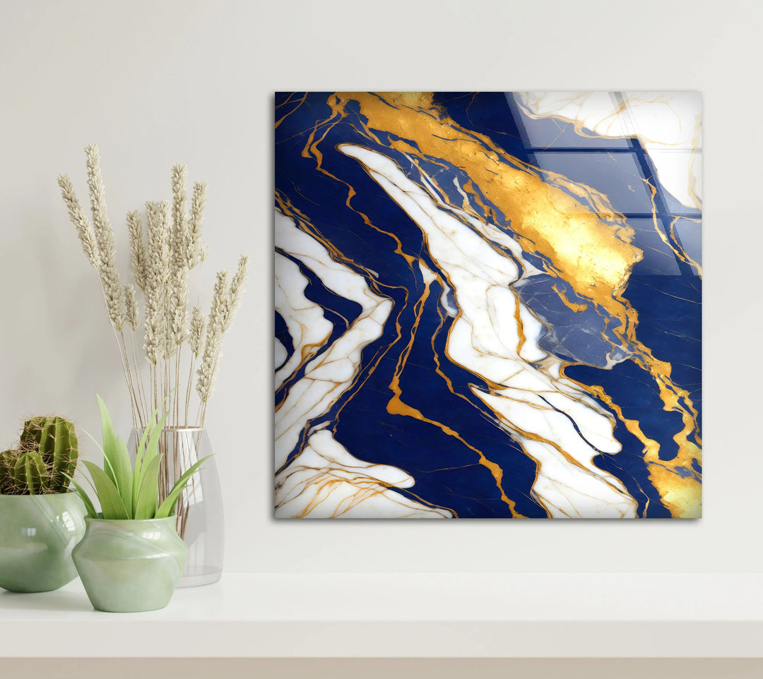 Navy Blue and Gold Marble Wall Art – Elegant Glass Print with White Veins for Sophisticated Modern Interiors - MyPhotoStation