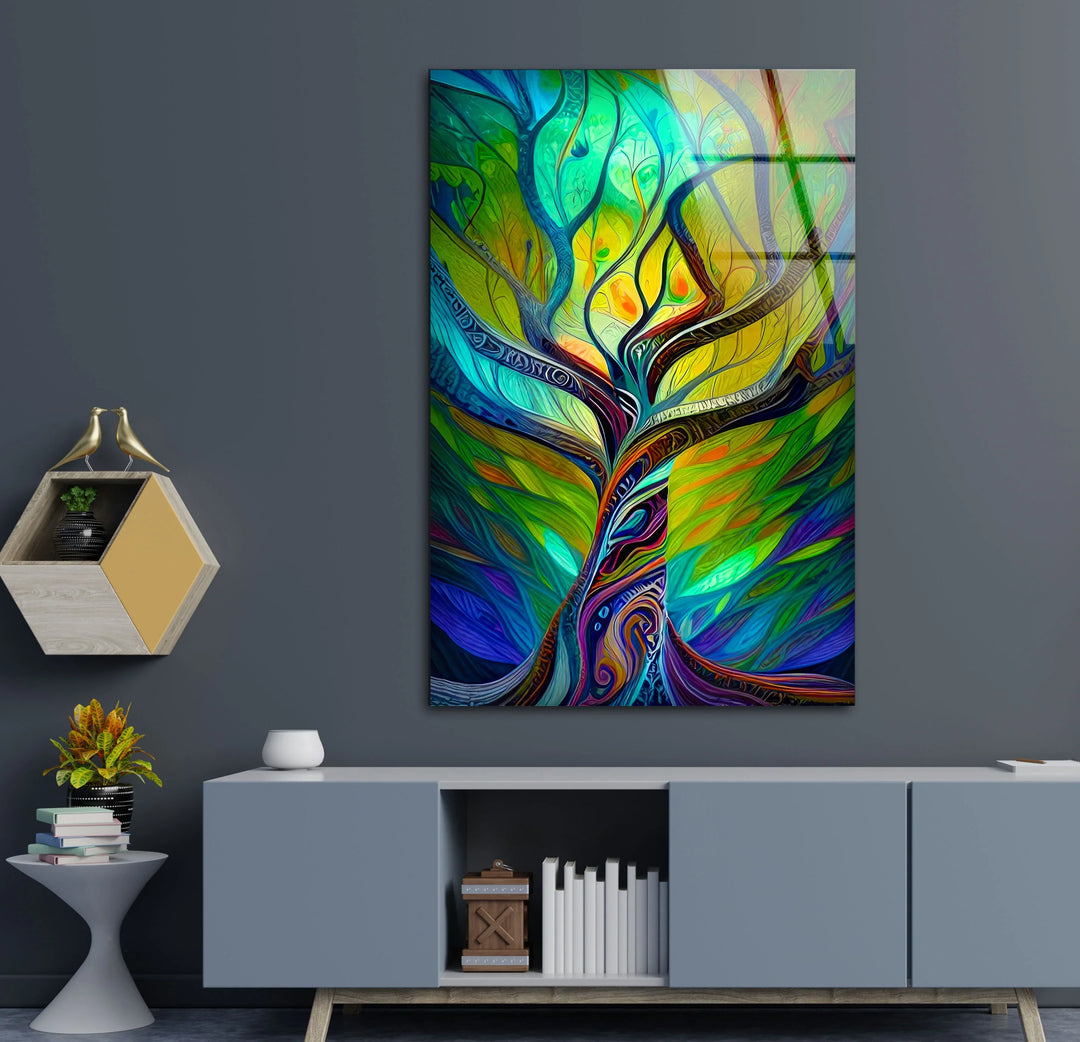 Psychedelic Tree Wall Art – Colorful Abstract Glass Print with Swirling Trunk for Modern and Artistic Interiors - MyPhotoStation