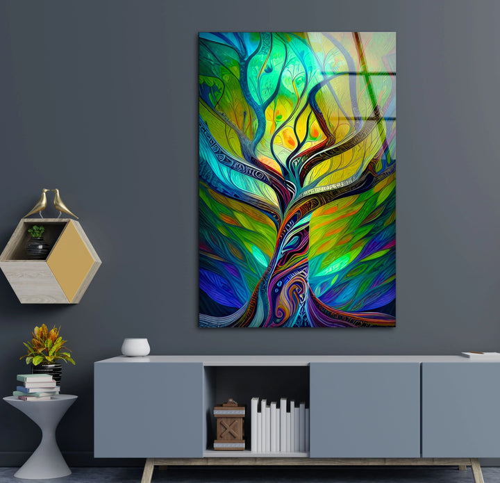 Psychedelic Tree Wall Art – Colorful Abstract Glass Print with Swirling Trunk for Modern and Artistic Interiors - MyPhotoStation