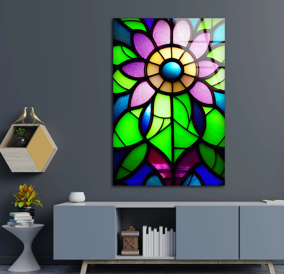 Stained Glass Flower Wall Art – Vibrant Purple and Green Glass Print for Colorful Botanical and Modern Interiors - MyPhotoStation