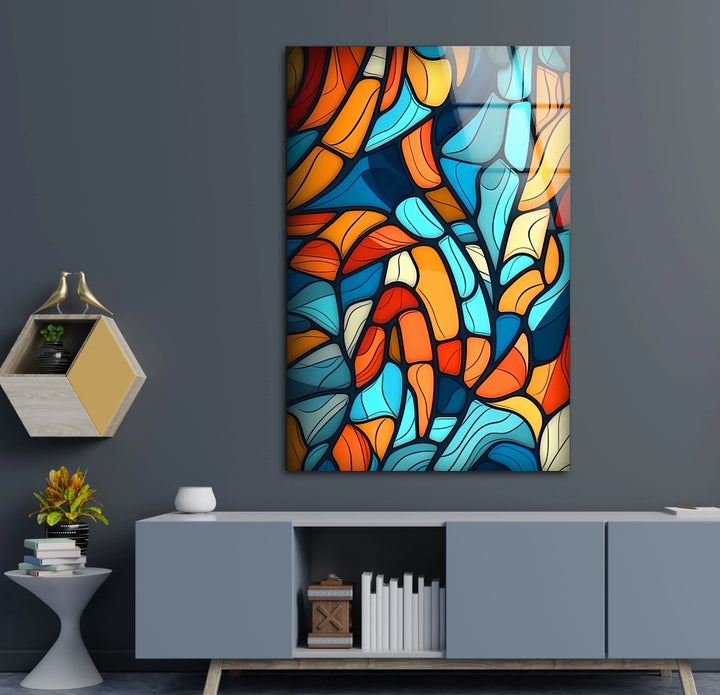 Abstract Mosaic Wall Art – Colorful Glass Print with Blue, Orange, and Red Geometric Design for Modern Artistic Interiors - MyPhotoStation