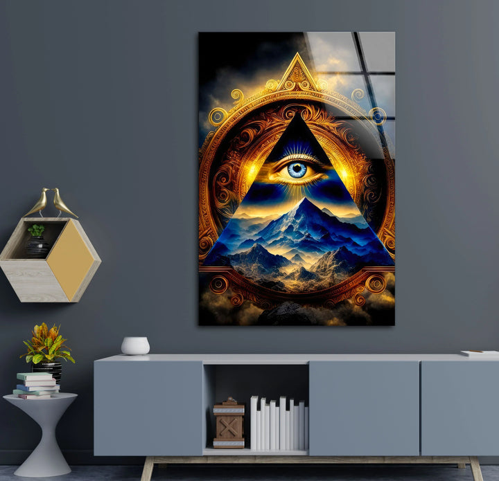 Eye of Providence Wall Art – Mystical Glass Print with Golden Pyramid and Mountain Scene for Spiritual and Esoteric Decor - MyPhotoStation