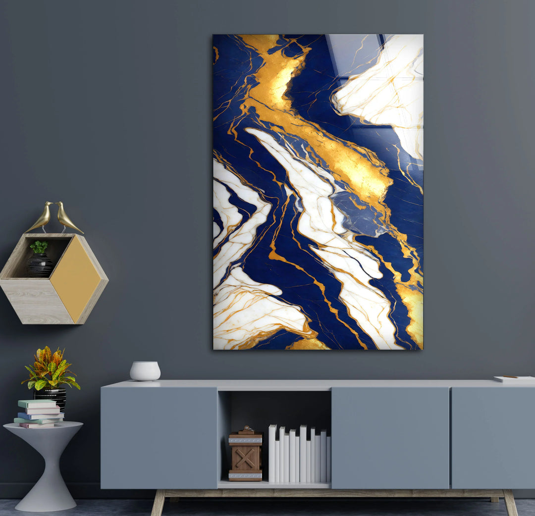 Navy Blue and Gold Marble Wall Art – Elegant Glass Print with White Veins for Sophisticated Modern Interiors - MyPhotoStation