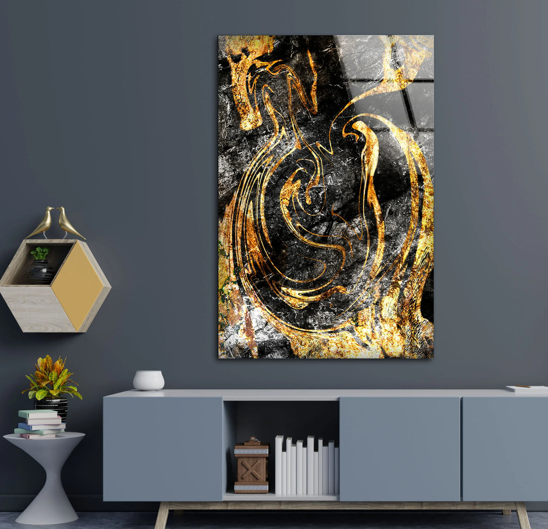 Black and Gold Abstract Wall Art – Textured Glass Print with Swirling Metallic Design for Luxe Industrial or Modern Interiors - MyPhotoStation