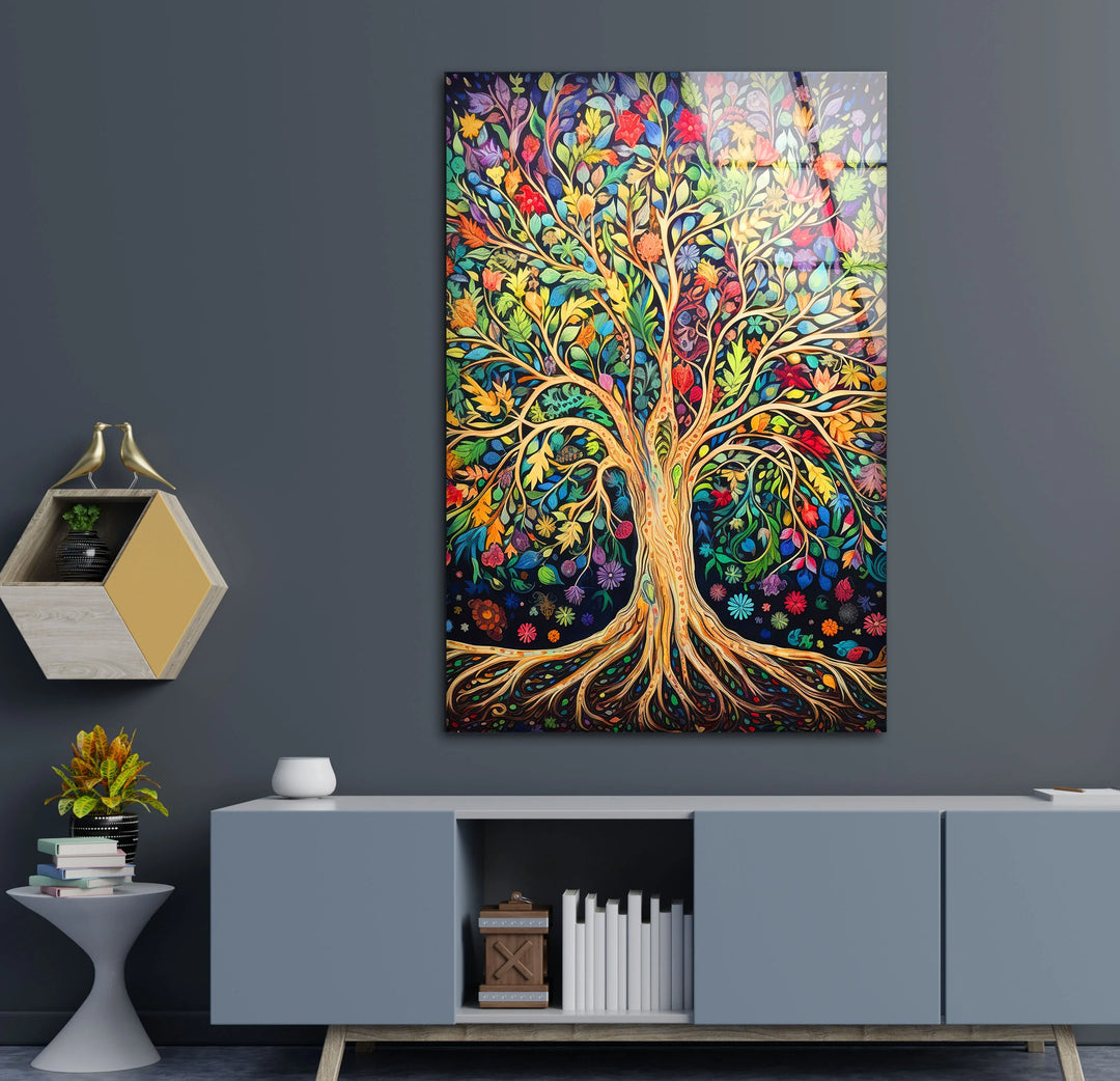 Colorful Tree of Life Wall Art – Multicolor Glass Print with Leaves and Roots for Boho, Nature-Inspired, and Spiritual Interiors - MyPhotoStation