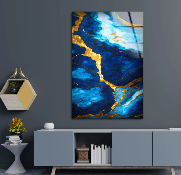 Blue and Gold Marble Wall Art – Elegant Glass Print with Rich Veins and Deep Texture for Modern Luxury Interiors - MyPhotoStation