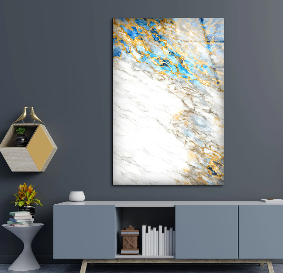 White Marble and Gold Wall Art – Elegant Glass Print with Blue Accents for Modern Luxe Interiors - MyPhotoStation