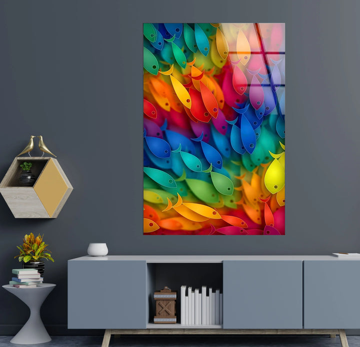 Rainbow Fish Wall Art – Vertical Colorful Glass Print with Vibrant School of Fish Design for Coastal and Playful Interiors - MyPhotoStation