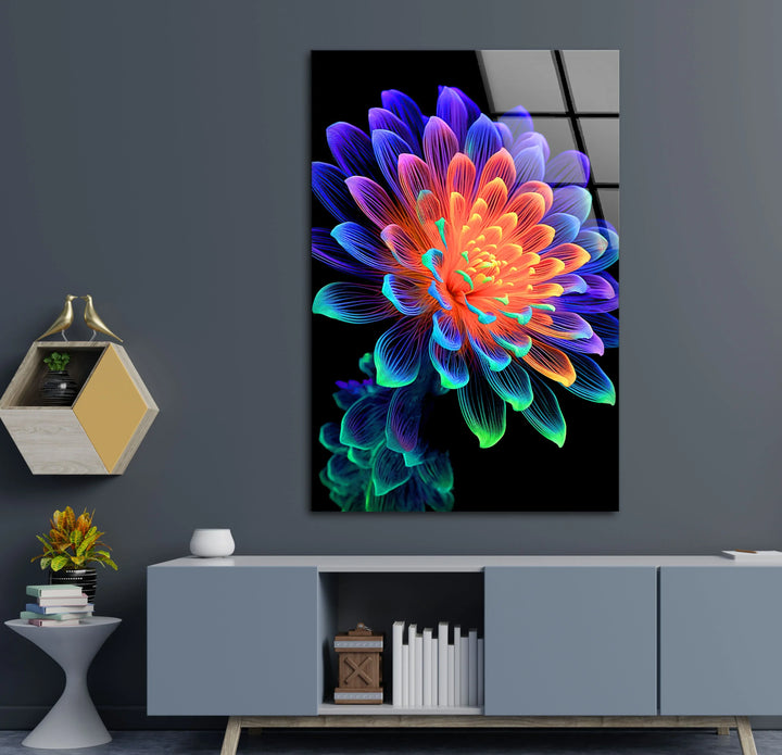 Neon Rainbow Flower Wall Art – Vibrant Glass Print with Glowing Petals on Black for Modern and Artistic Interiors - MyPhotoStation
