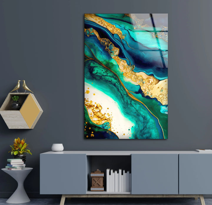 Teal and Gold Abstract Wall Art – Luxurious Glass Print with Ocean-Inspired Marble Texture for Elegant Modern Interiors - MyPhotoStation