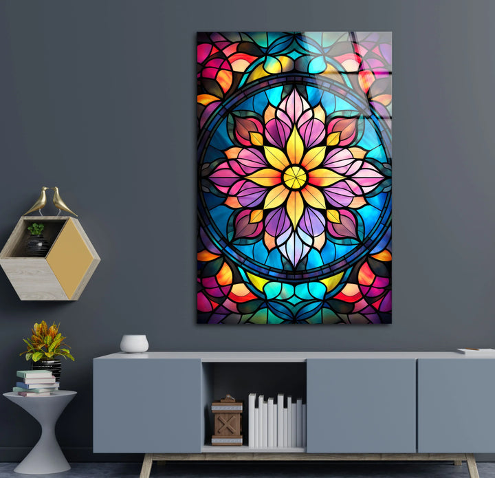 Radiant Mandala Flower Wall Art – Multicolor Glass Print with Stained Glass Design for Spiritual and Artistic Interiors - MyPhotoStation