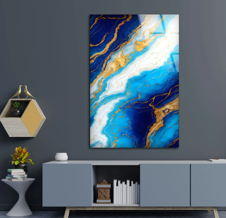 Blue Marble and Gold Wall Art – Glossy Glass Print with White and Gold Veins for Sophisticated Modern Interiors - MyPhotoStation