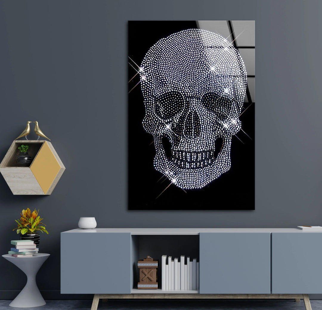Crystal Skull Wall Art – Sparkling Glass Print with Diamond Skull Design on Black for Glam Rock and Modern Interiors - MyPhotoStation