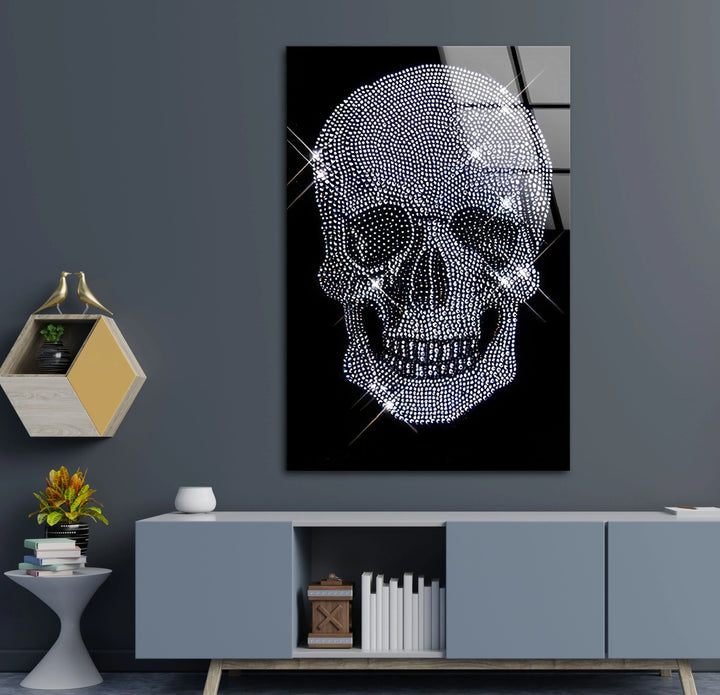 Crystal Skull Wall Art – Sparkling Glass Print with Diamond Skull Design on Black for Glam Rock and Modern Interiors - MyPhotoStation