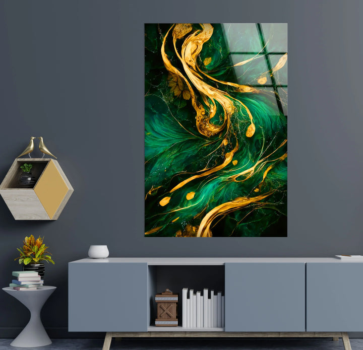 Emerald Gold Abstract Wall Art – Luxurious Glass Print with Flowing Metallic Accents for Elegant and Modern Interiors - MyPhotoStation