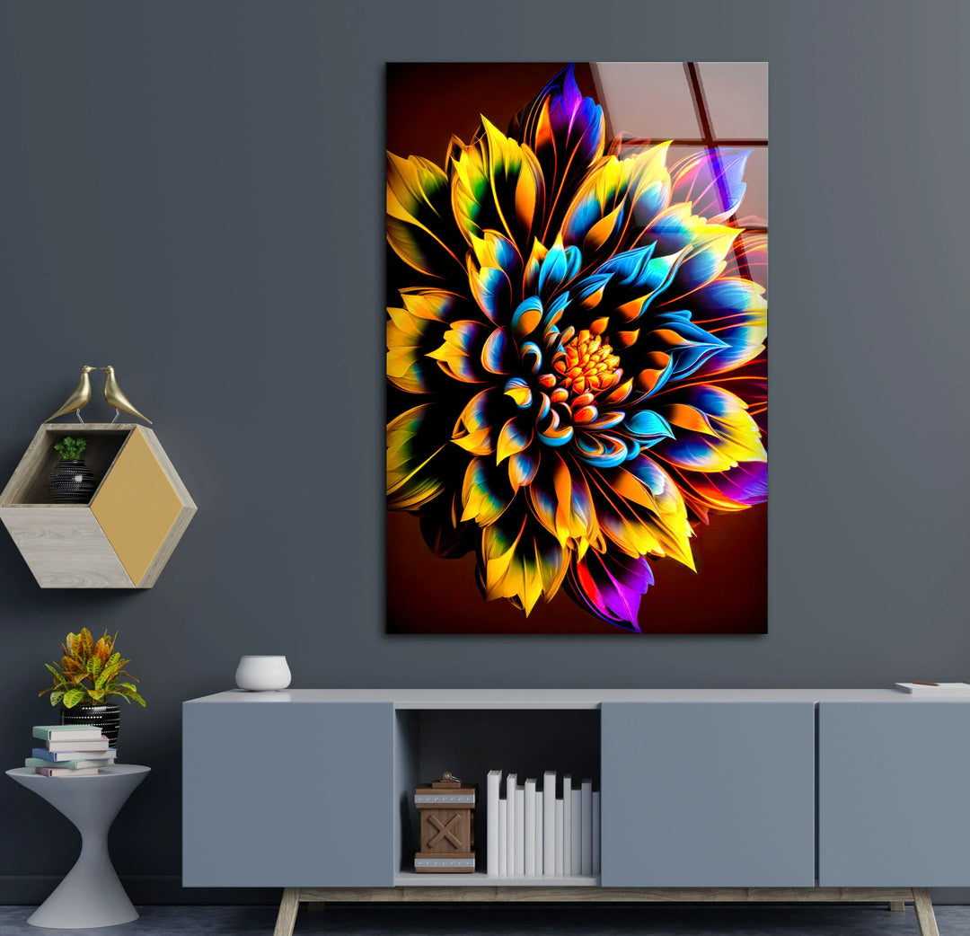 Vibrant Rainbow Flower Wall Art – Color Explosion Glass Print with Glowing Petals for Artistic Modern Interiors - MyPhotoStation
