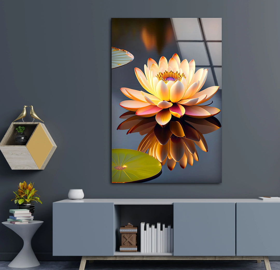 Golden Lotus Flower Wall Art – Tranquil Glass Print with Water Reflection for Zen, Spa, and Minimalist Interiors - MyPhotoStation