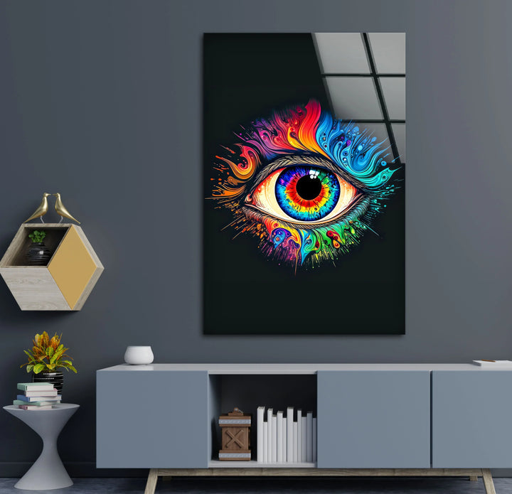Psychedelic Eye Wall Art – Vivid Rainbow Glass Print with Color Explosion on Black for Visionary and Modern Interiors - MyPhotoStation
