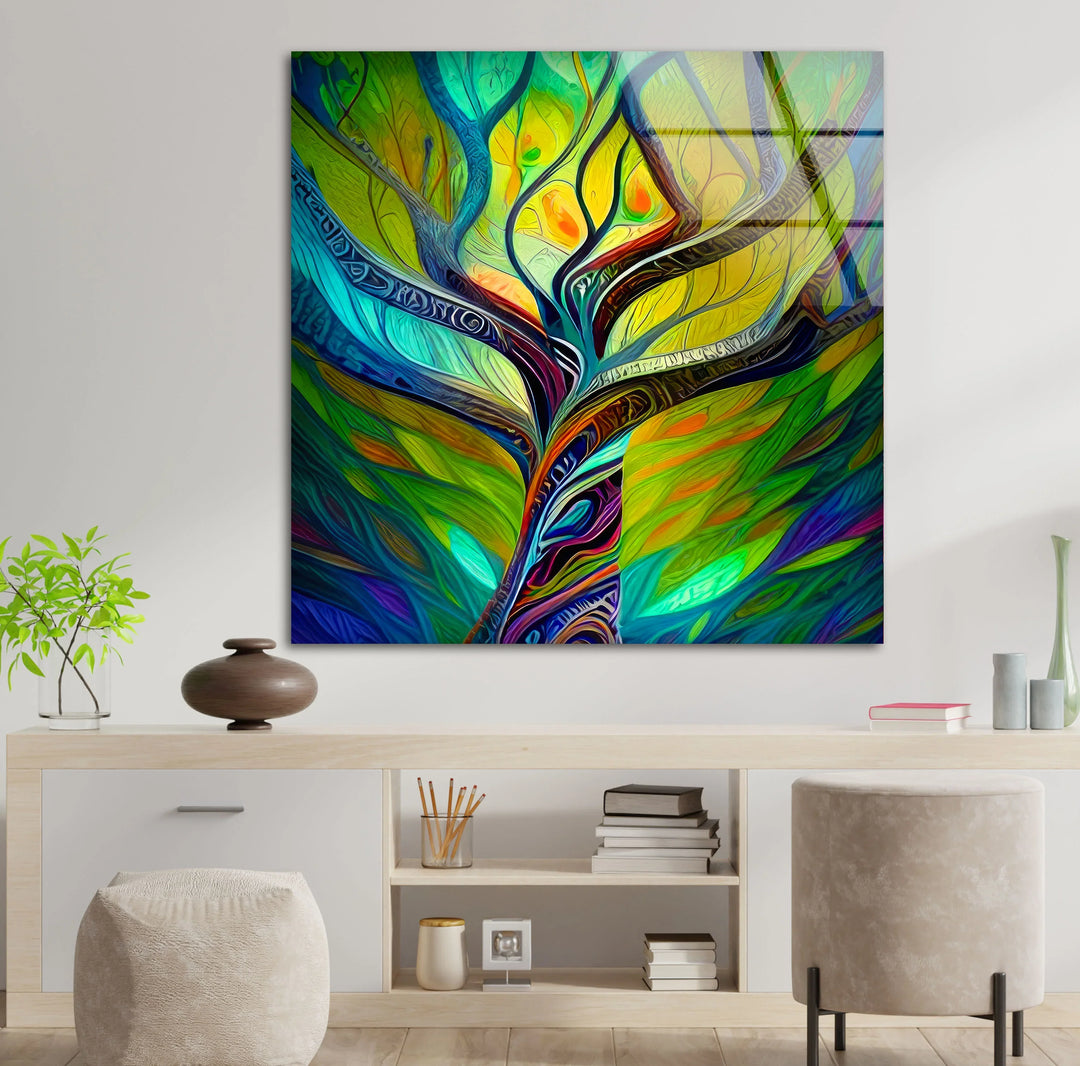 Psychedelic Tree Wall Art – Colorful Abstract Glass Print with Swirling Trunk for Modern and Artistic Interiors - MyPhotoStation