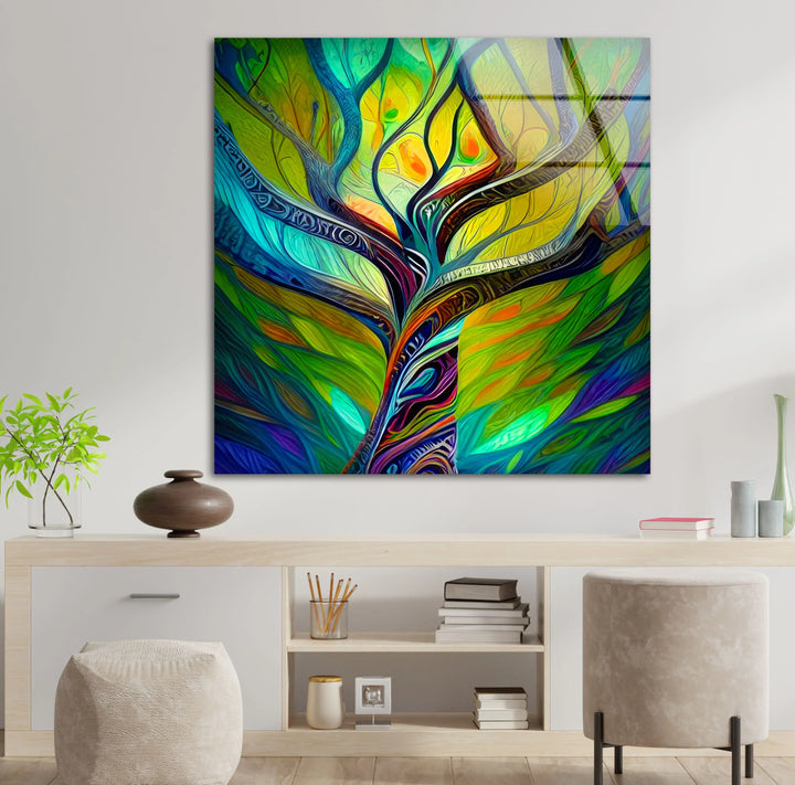 Psychedelic Tree Wall Art – Colorful Abstract Glass Print with Swirling Trunk for Modern and Artistic Interiors - MyPhotoStation