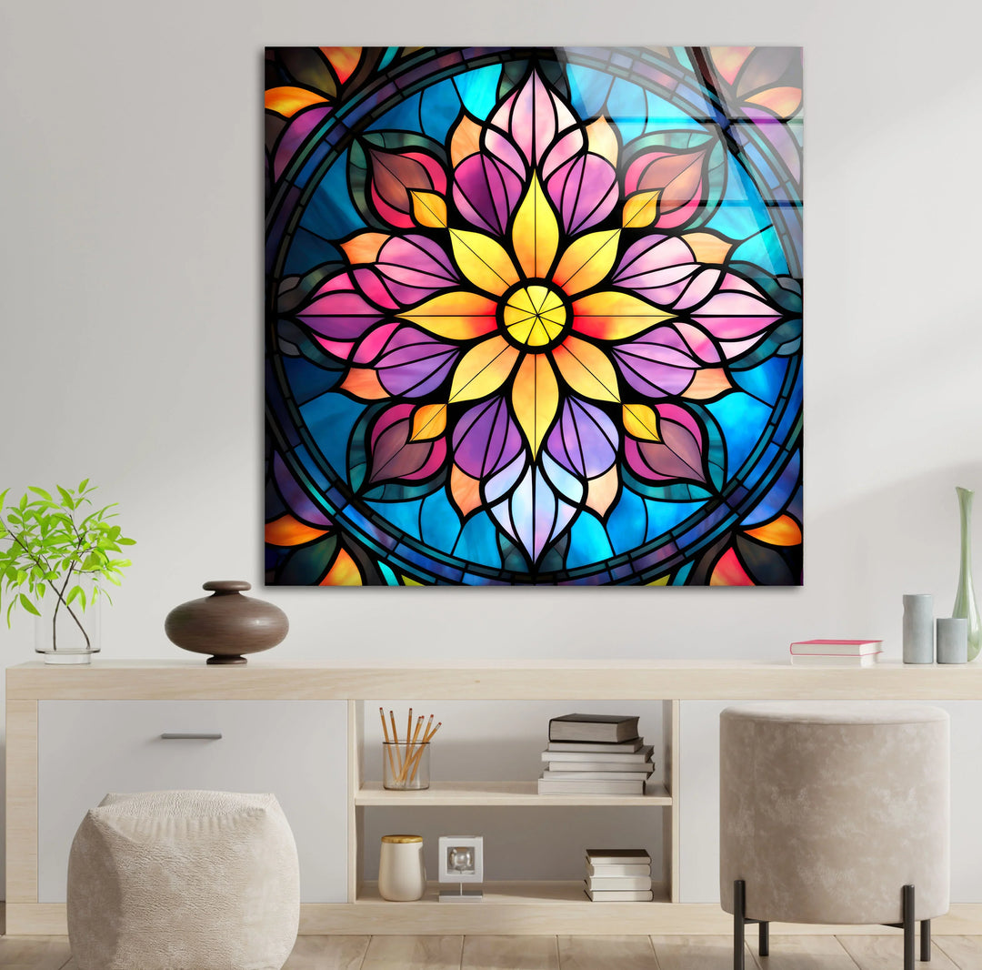 Radiant Mandala Flower Wall Art – Multicolor Glass Print with Stained Glass Design for Spiritual and Artistic Interiors - MyPhotoStation