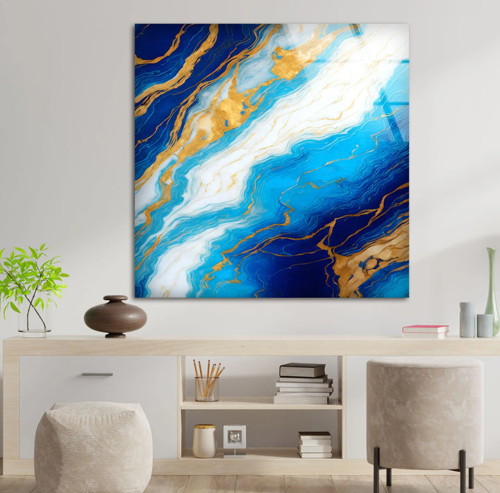 Blue Marble and Gold Wall Art – Glossy Glass Print with White and Gold Veins for Sophisticated Modern Interiors - MyPhotoStation