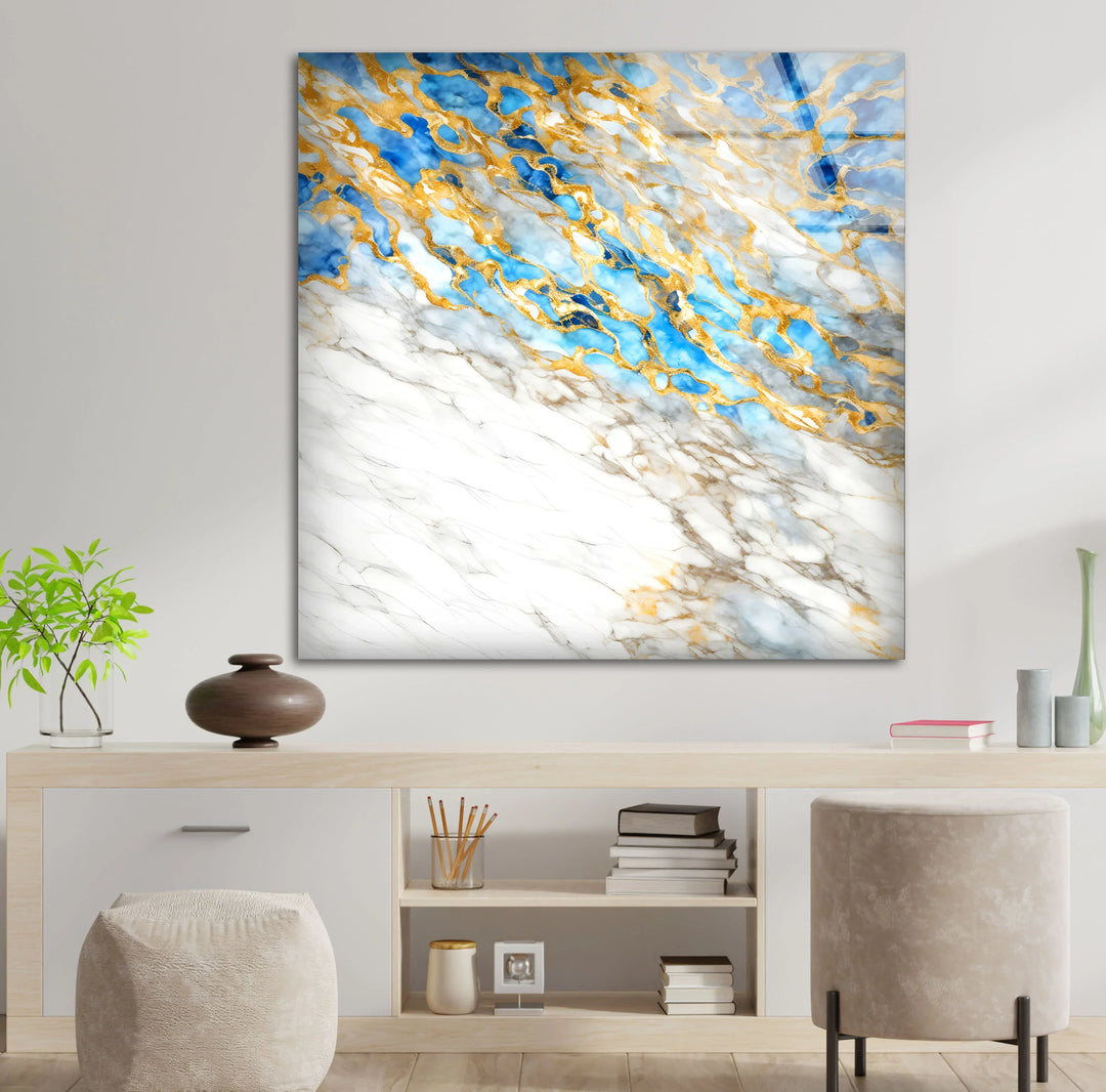 White Marble and Gold Wall Art – Elegant Glass Print with Blue Accents for Modern Luxe Interiors - MyPhotoStation
