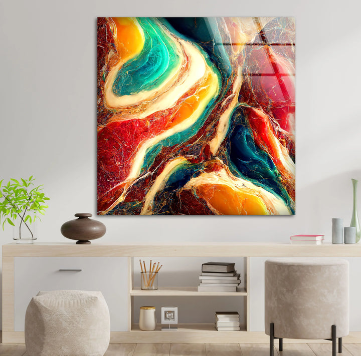 Colorful Marble Abstract Wall Art – Flowing Glass Print with Teal, Orange, and Red Texture for Luxe Modern Interiors - MyPhotoStation