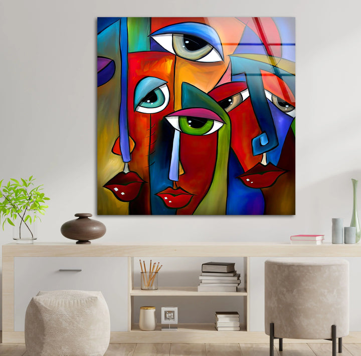 Abstract Face Wall Art – Colorful Cubist Glass Print with Modern Pop Art Expression for Bold Interiors - MyPhotoStation