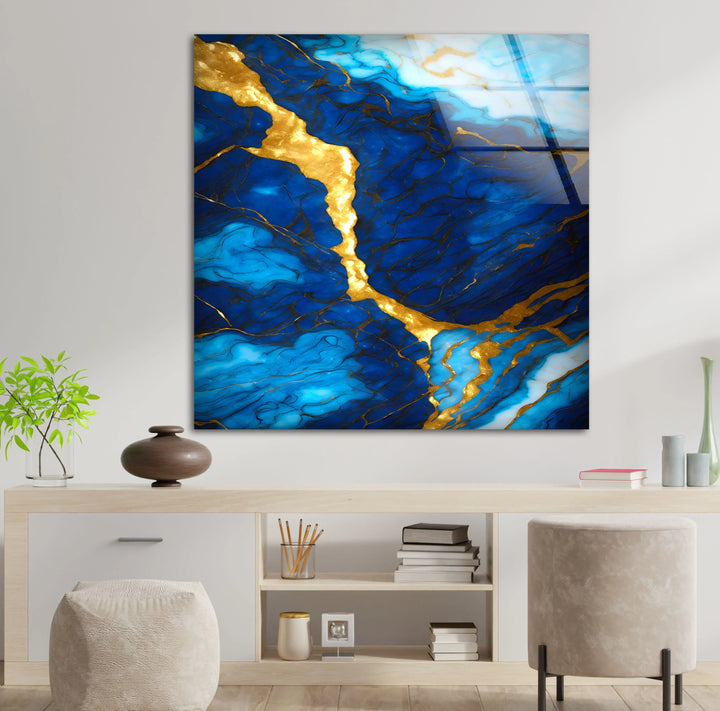 Blue and Gold Marble Wall Art – Elegant Glass Print with Rich Veins and Deep Texture for Modern Luxury Interiors - MyPhotoStation