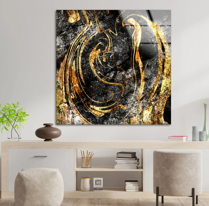 Black and Gold Abstract Wall Art – Textured Glass Print with Swirling Metallic Design for Luxe Industrial or Modern Interiors - MyPhotoStation