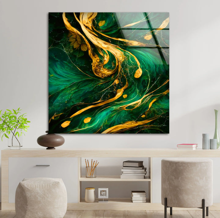 Emerald Gold Abstract Wall Art – Luxurious Glass Print with Flowing Metallic Accents for Elegant and Modern Interiors - MyPhotoStation