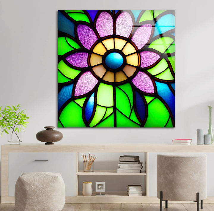 Stained Glass Flower Wall Art – Vibrant Purple and Green Glass Print for Colorful Botanical and Modern Interiors - MyPhotoStation