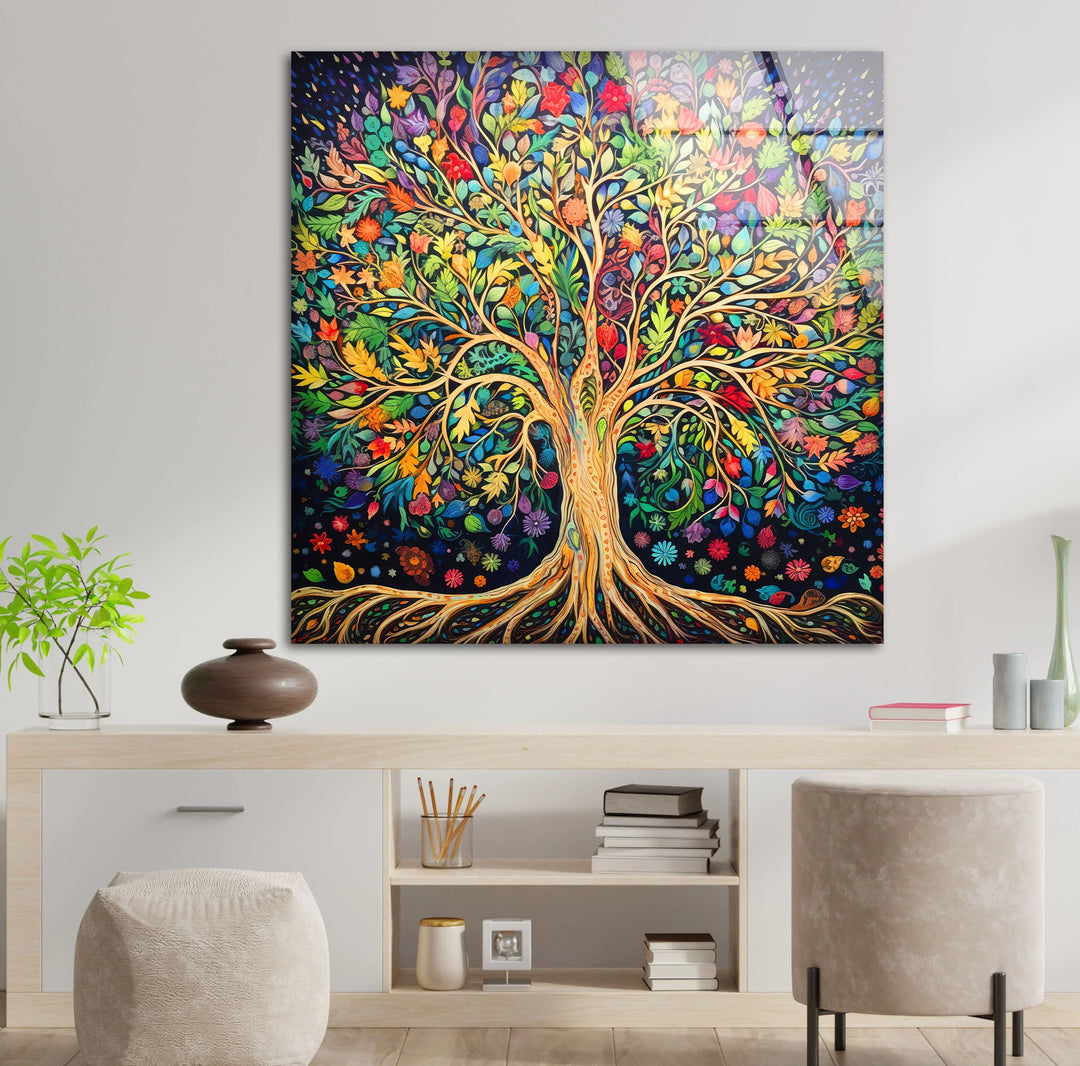 Colorful Tree of Life Wall Art – Multicolor Glass Print with Leaves and Roots for Boho, Nature-Inspired, and Spiritual Interiors - MyPhotoStation