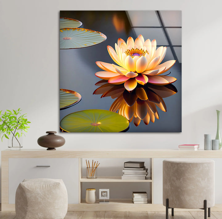 Golden Lotus Flower Wall Art – Tranquil Glass Print with Water Reflection for Zen, Spa, and Minimalist Interiors - MyPhotoStation
